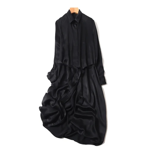 19 Новое матовое шелковое платье из натурального шелка, однотонное платье с длинными рукавами, Шелковый свободный галстук - Цвет: black