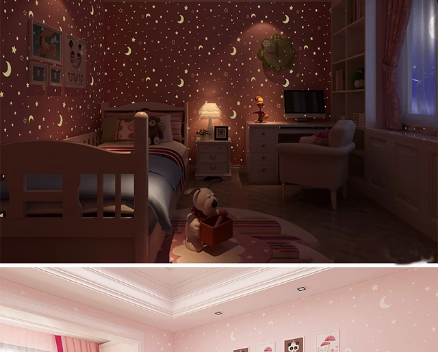 Glow Effect Night Sky Design Star And Moon Luminous Wallpaper Kids Glow Effect Night Sky Design Star And Moon Luminous Wallpaper Kids Ceiling Decor Fluorescent Wall Paper