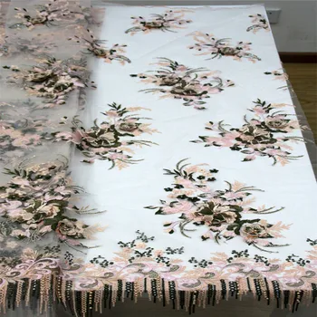 

2018 Select quality Nigerian 3D flowers lace fabric with beads Stylish beaded lace fabric for party dress A759-1