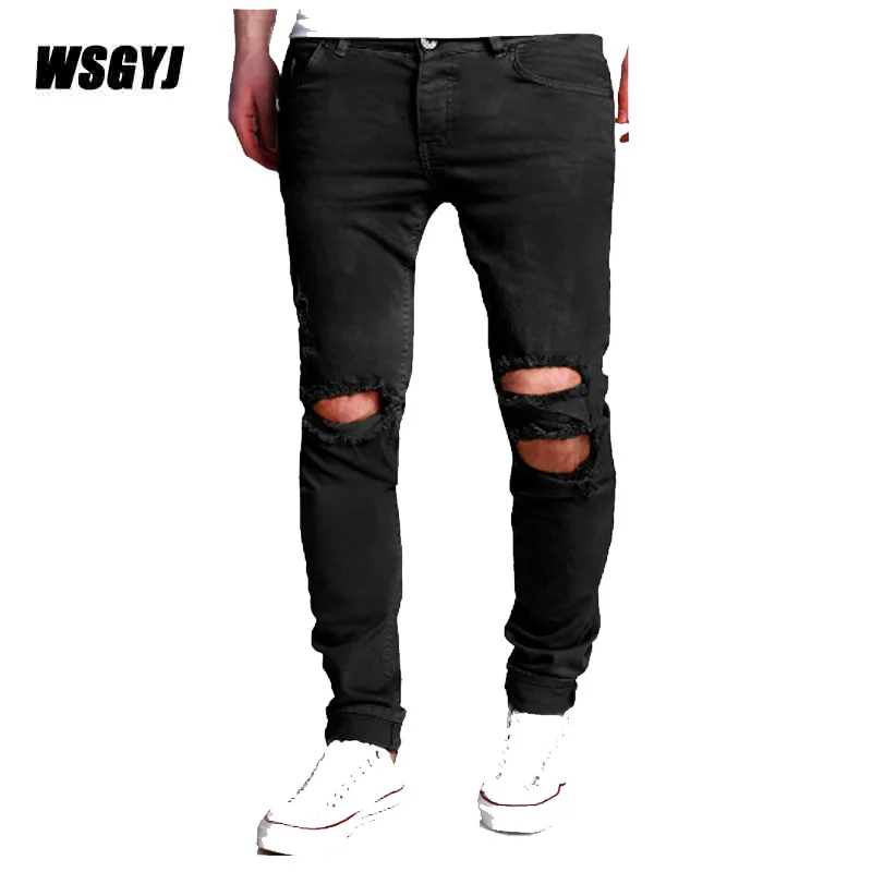 Men'S Trousers 2017 New Casual Men Pants Slim Pant Straight Fashion Begars Holes Solid Size M-XXL |