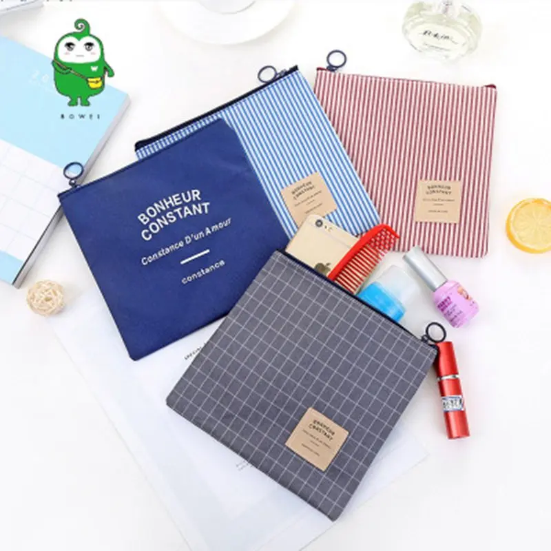 

Fashion Portable Cosmetic Bag Travel Women Makeup Case Zipper Stripe MakeUp Bath Organizer Storage Pouch Toiletry Wash Beaut Kit