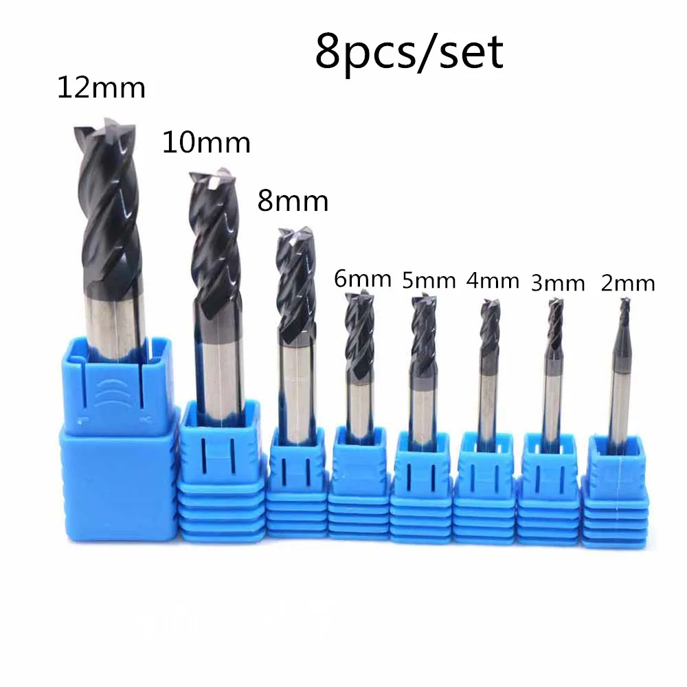 

8 Pcs Carbide End Mill 2/3/4/5/6/8/10/12mm Router Bit 4 Blade End Mills Tungsten Steel Milling Cutter 45 HRC CNC Tools Set