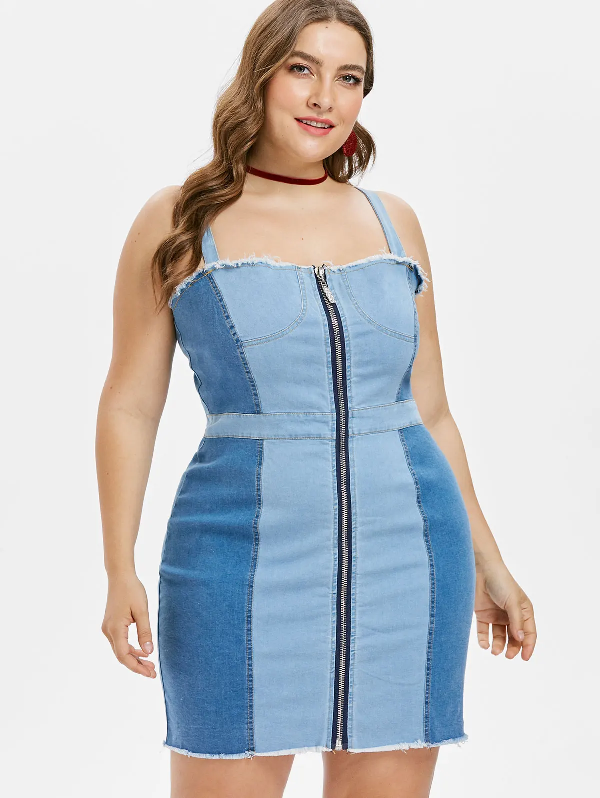 Wipalo Plus Size 5xl Two Tone Bodycon Denim Dress Square Neck Front Zipper Blue Denim Spaghetti 