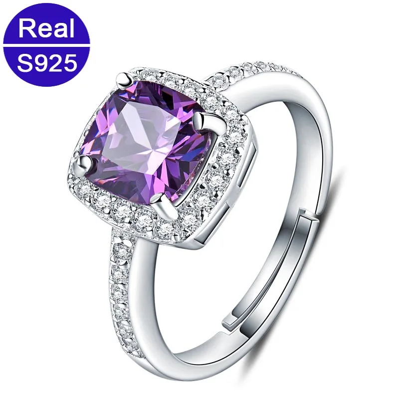

Red Trees Brand Fine Jewelry Adjustable Size Women Fashion Trendy Natural Square Amethyst Ring Sterling Silver 925