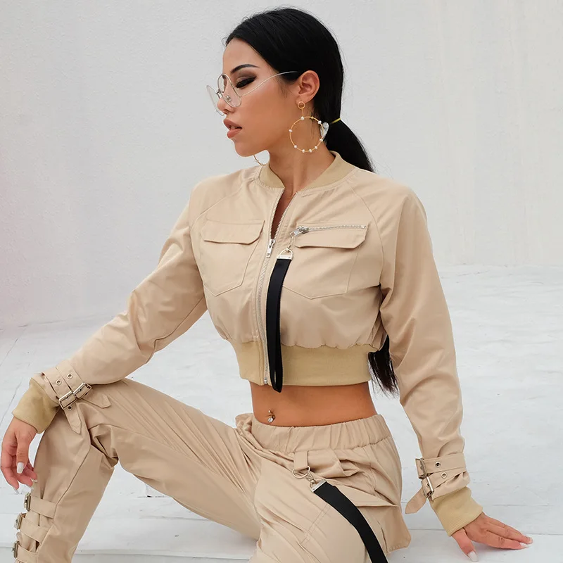 

2019 Spring Summer Women's Biker Jacket Long-sleeved Zipper Ribbons Buckle Streetwear Short Casual Tops for Lady T34M06