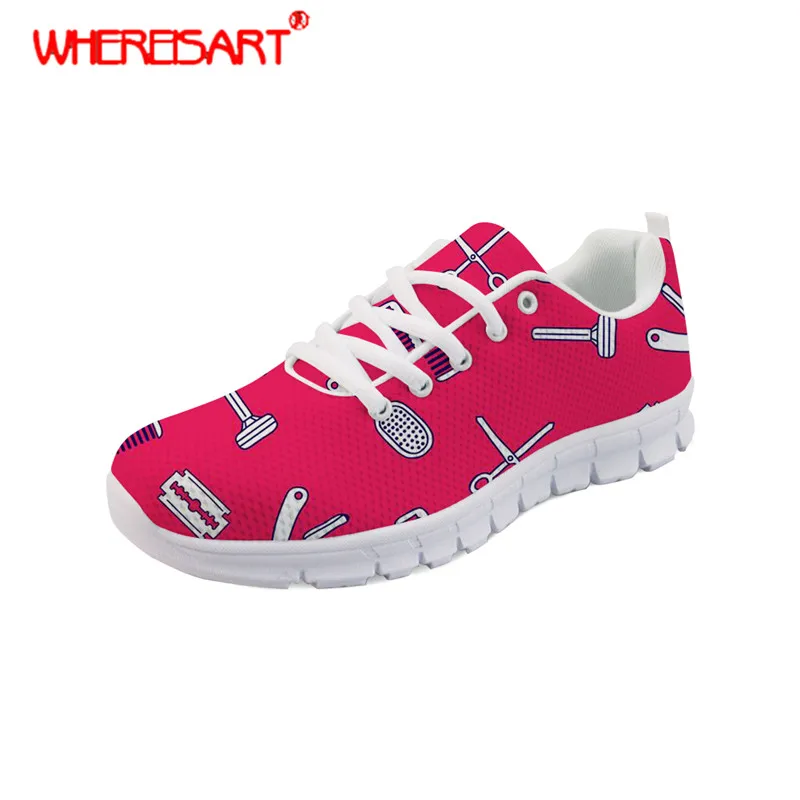 

WHEREISART Women Hair Stylist Printing Sneakers for Teenagers Comfortable Flat Shoes Ladies Lace-up Mesh Shoes Zapatos Mujer