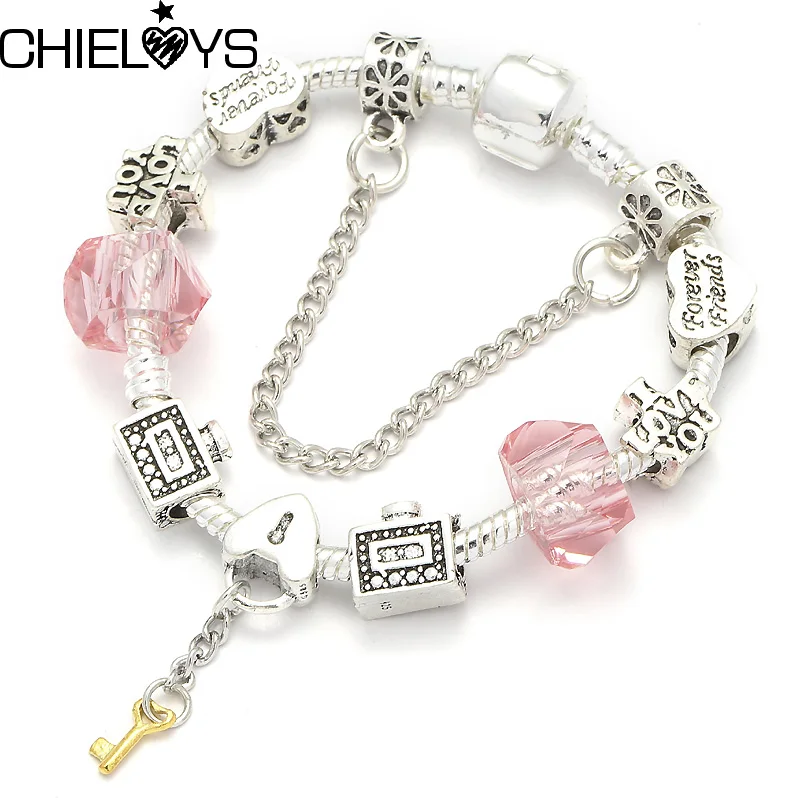 Luxury Pandora Bracelet Heart Key Pendant Silver Snake Chain European