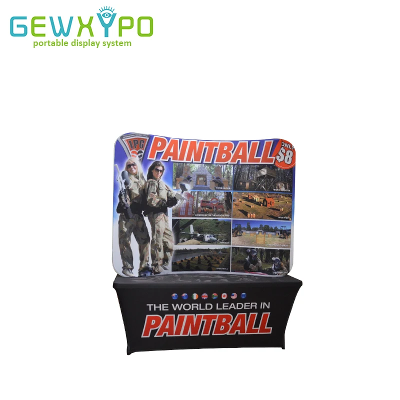 

Trade Show Booth 6ft Table Top Curved Easy Fabric Banner Display Wall With 6ft Spandex Table Cover Four Side Printing