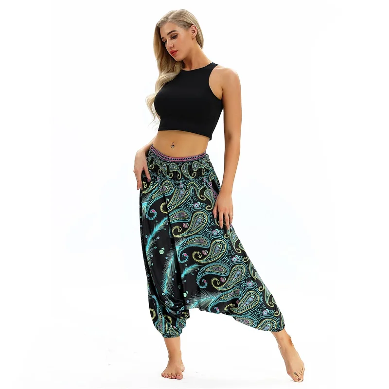 capri dress W-Yunna Ladies Women Beach Pants Trousers Boho Gypsy Hippie Women Wide Leg Harem Peacock Feather Print Elastic Pants Trousers plus size clothing Pants & Capris