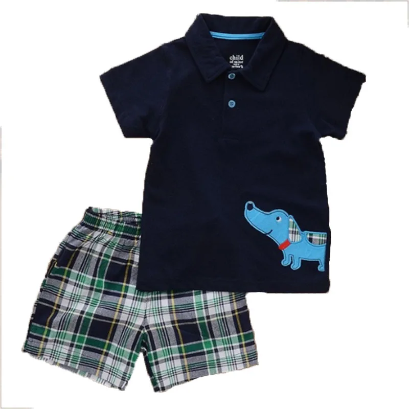 

new 2016 baby boys  summer cotton cartoon printing lapel T-shirt + plaid  casual fashion shorts clothing set free shipping