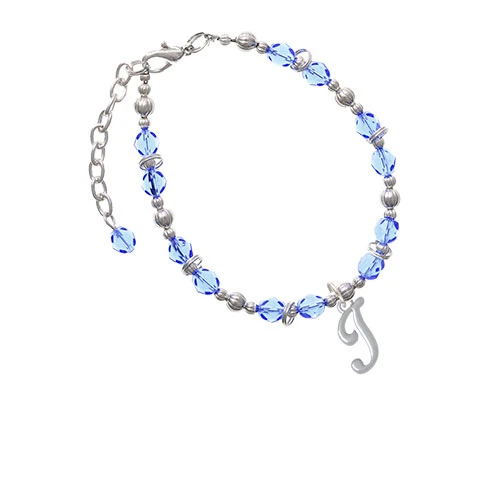 Silvertone Small Gelato Script Initial - I - Light Blue Beaded Bracelet