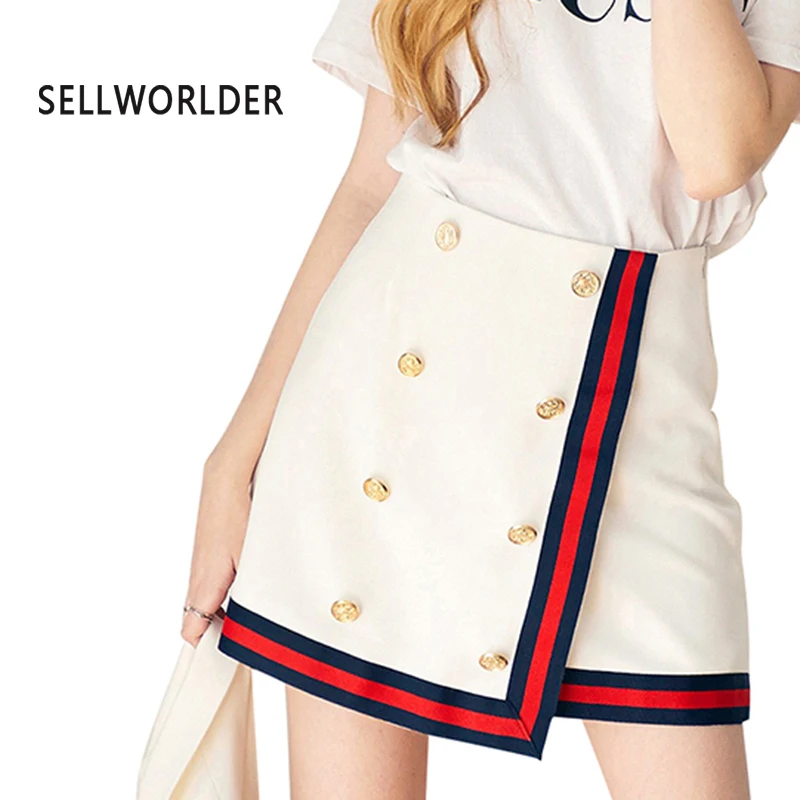 

2018 High Waist Double Breasted Lady Bottom Preppy Style A-Line Skirts White Color Block Edge Covering Sweet Mini Skirts