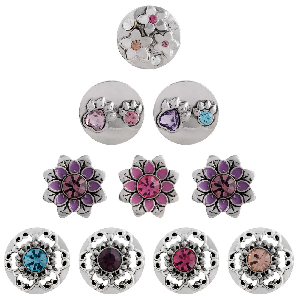 

Newest Flower Crystal Snaps Button Jewelry Metal Flower Charms Jewelry Fit 18mm Bracelet Bangles for women Snap Jewelry Beads