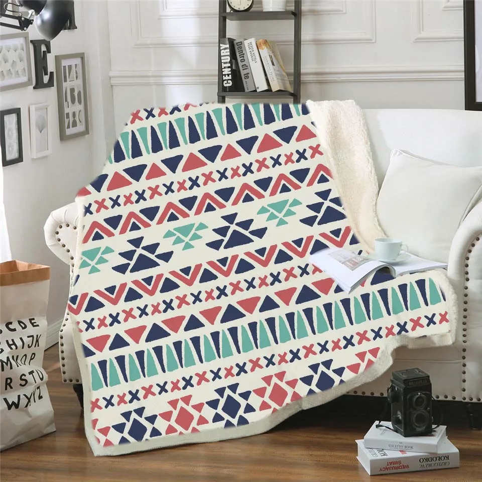 

Geometric Stripe Printed Throw Blanket Bedspread Velvet Plush Sherpa Sofa Blanket Aztec Bedding Christmas Decorations for Home