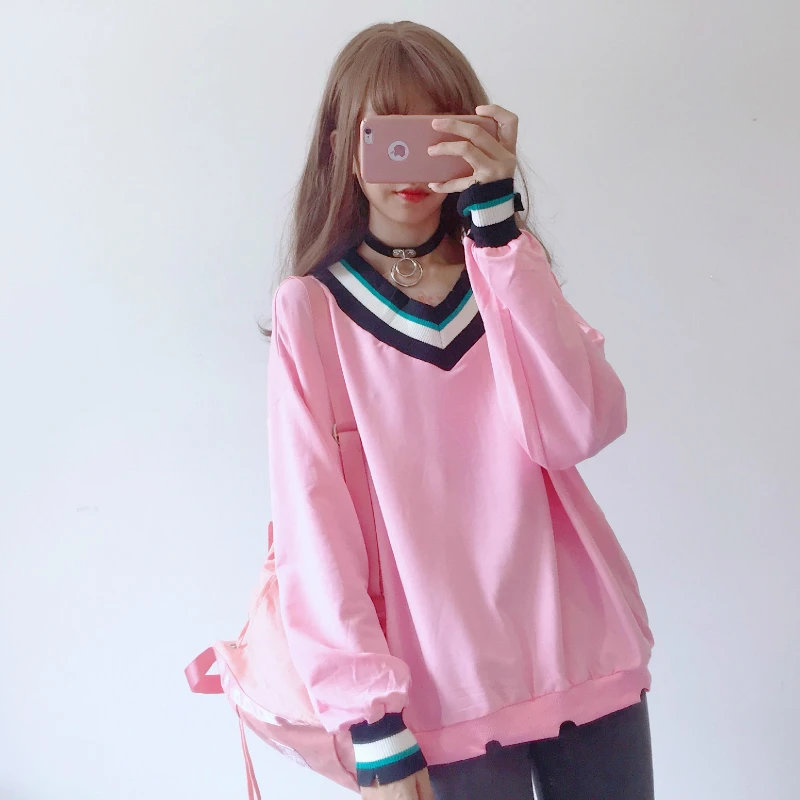 

Sweet Fresh Felling Women Hoodies Long Sleeve Threaded V-neck Student Sweatshirt Spell Color Women Pullovers