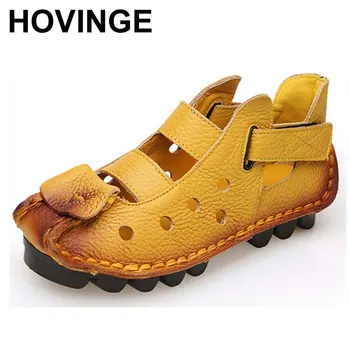 

HOVINGE HOT 2018 Handmade Cut-outs Genuine Leather Shoes Women Personality Casual Women Sandals Tunnel Vintage Summer Sandals