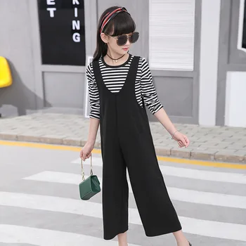 

2018 Baby Girl Clothes Set Autumn Long Sleeve Striped Shirt + Wide Leg Jumpsuit Pant 2pcs Back To School Teenager Clothing 11 12