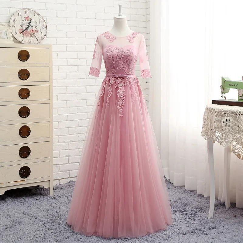 

MNZ~M808#half sleeve round embroidery lace up spring 2019 new party prom dress medium long short style pink bridesmaid dresses