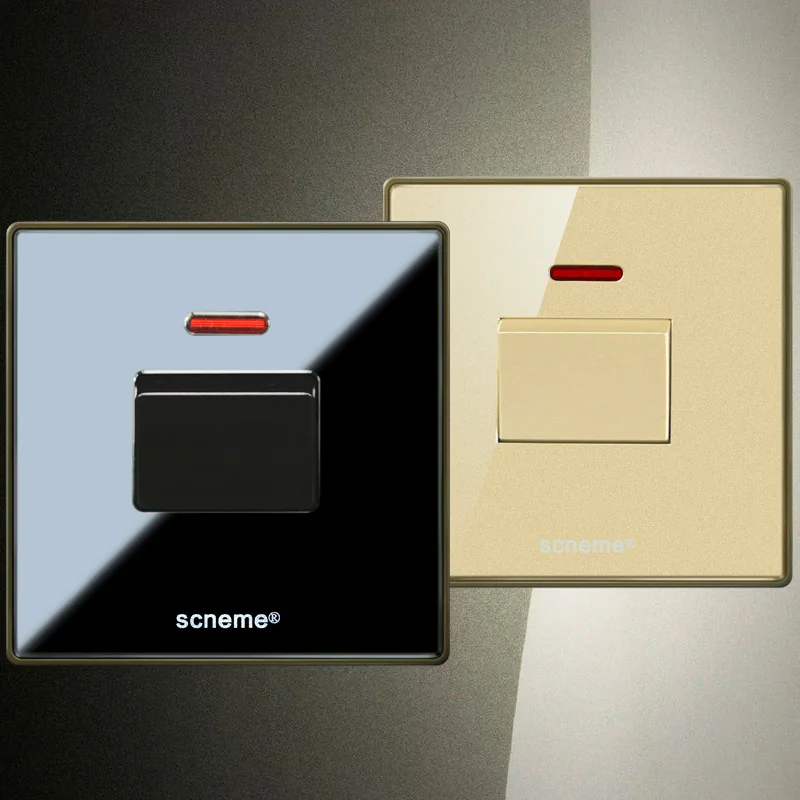

45A 1gang Black/Gold Crystal acrylic panel wall switch, UK Standard Push button light switch, With red indicator light