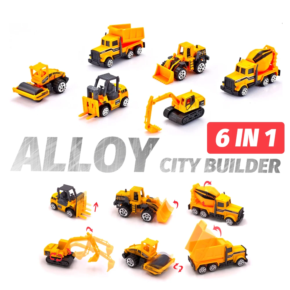 

6 in 1 Metal Diecast Engineering Toy Vehicle 6PCS Alloy Mini Engineering Car Model Car Toy 1:64 Dump Truck Forklift Excavator