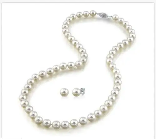 

classic set of freshwater 9-10mm white pearl necklace 18" earring 14k white gold