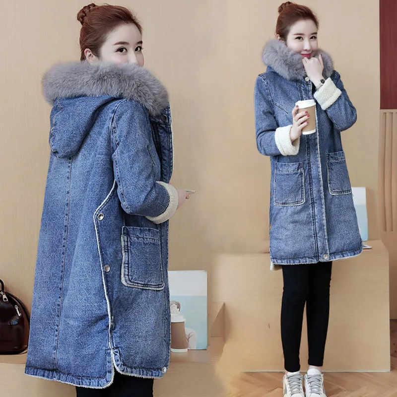 Denim Hooded Jeans Women's Parka Jacket Winter Fur Collar Velvet Liner Medium-Long Women Parkas Coat 2018 Casual Overcoat Female