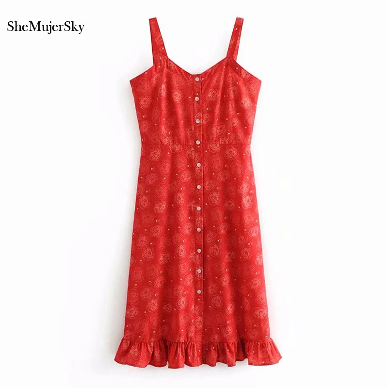 

SheMujerSky Red Spaghetti Strap Floral Dress Women Midi Ruffles Dress 2018 sukienka