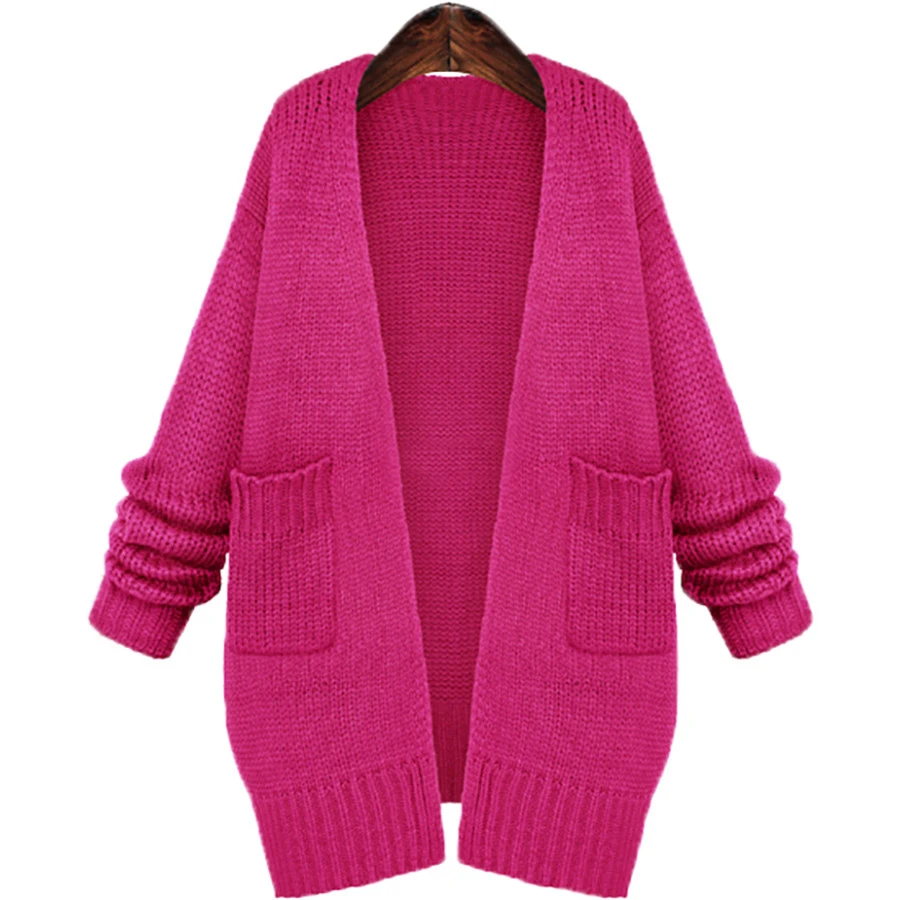 

2018 Autumn Casual Women Knitted Cardigan Long Sleeve Green Pink Black Warm Sweater With Pocket Sweaters Female Long Cardigan