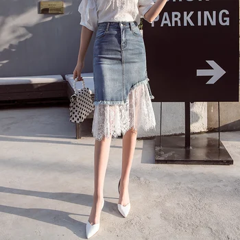 

2020 denim skirt high waist a line package hip mesh skirt arrivals broken lace stitching long jeans skirt female