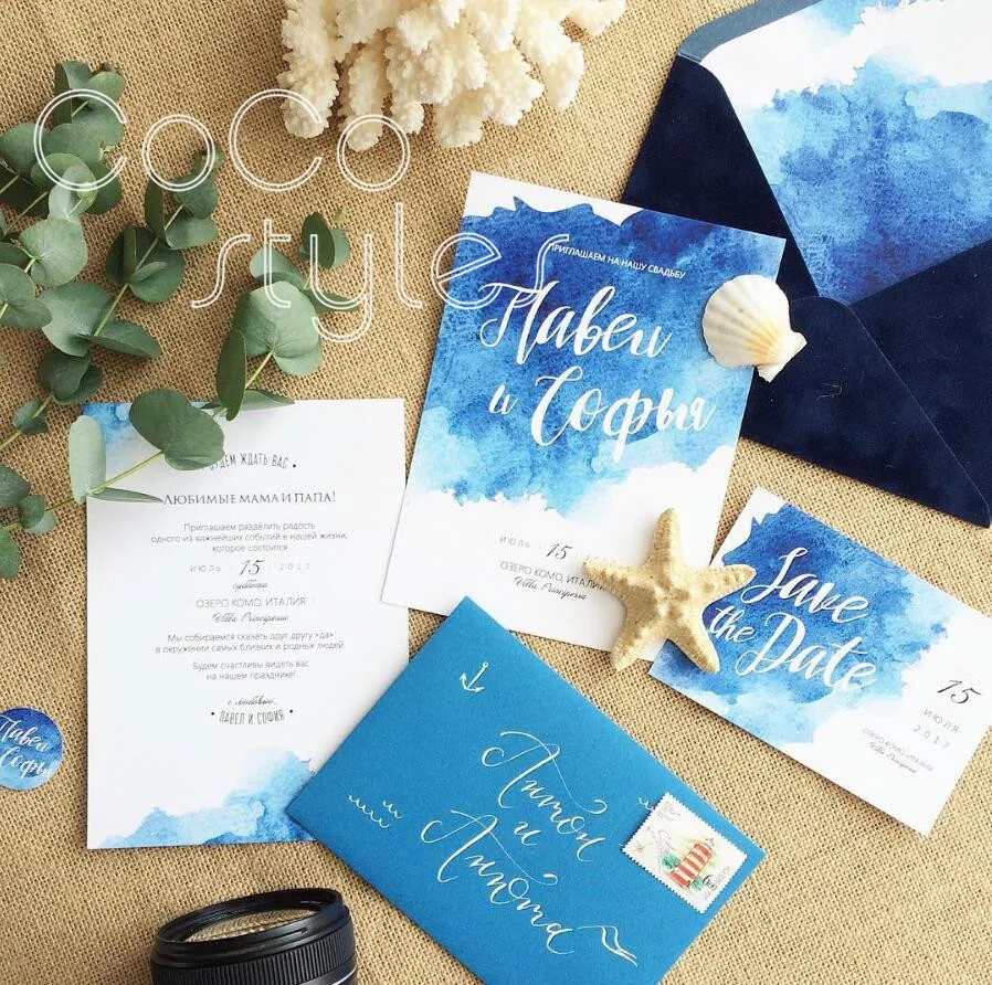 Cocostyles bespoke beautiful navy blue sea watch color invitation card set with gold foiling for be - 32888717695