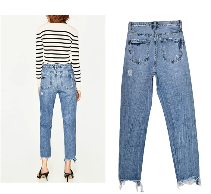 2017 fashion European and American women's high waist Slim straight pearl 3-color studs irregular feet tassel washed cowboy trousers (10)