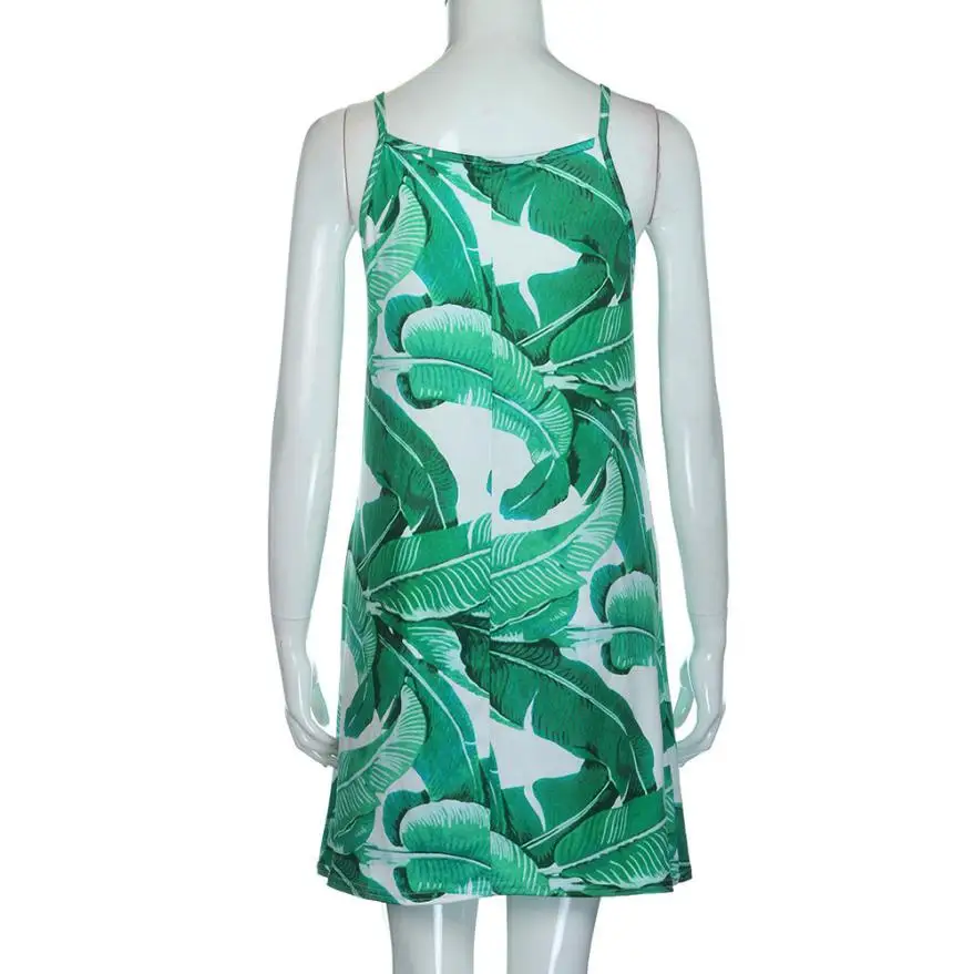 Женское летнее пляжное платье без рукавов с принтом Мини Короткое платье повседневное летнее женское пляжное платье без рукавов с принтом - Цвет: Green
