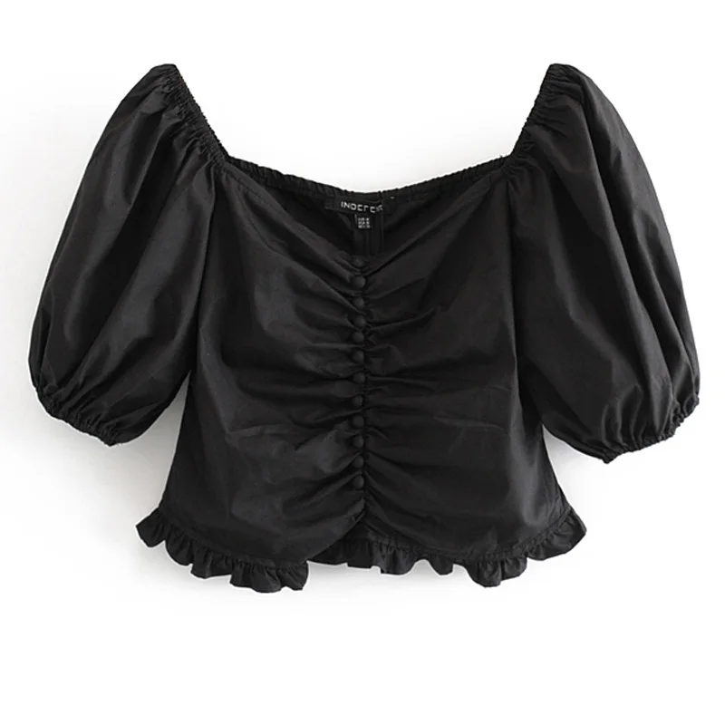 

RR Pure Cotton Blouses Women Fashion Ruffles Puff Sleeve Shirts Women Sexy V Neck Buttons Short Tops Female Ladies GD