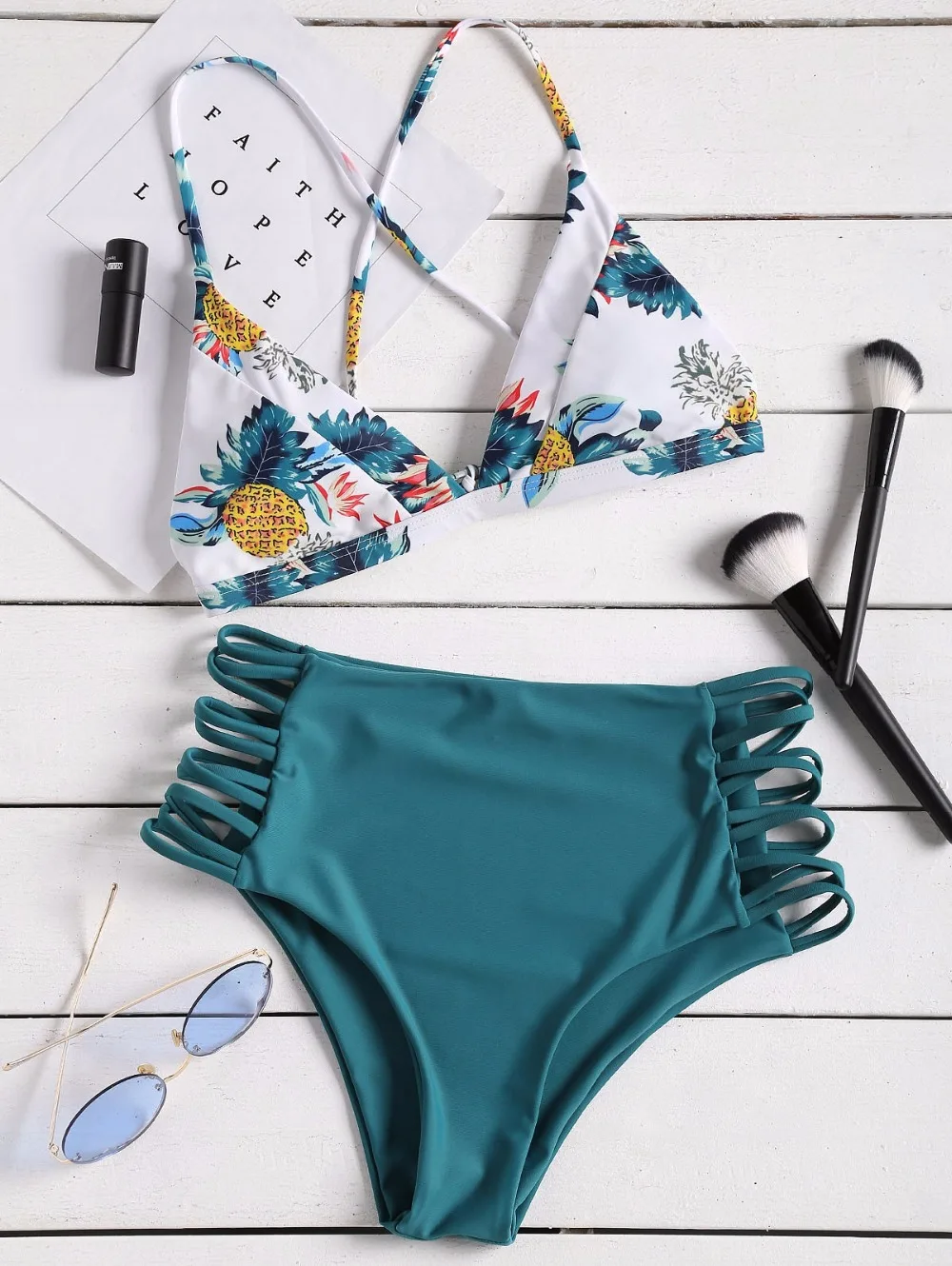 

Women Pineapple Print Strappy High Rise Bikini Set Female Criss-Cross High Waisted Spaghetti Straps Bathing Suit Beachwear