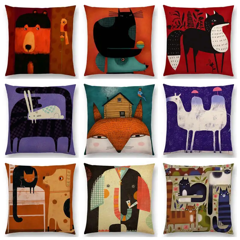Abstract Fantasy Animals Painting Dachshund Owl Cat Dog Squirrel Rabbit Fox Camel Elephant Beautiful Cushion Cover Pillow Case | Дом и сад