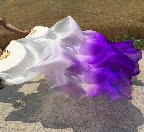 1 пара(левый+ правый) натуральный шелк танец живота веер вуаль синий/темно-синий 1,8 м 20 цветов - Цвет: White Purple