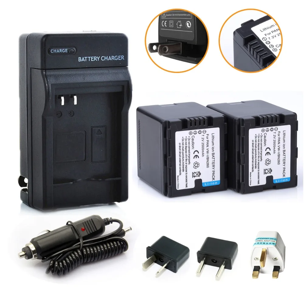 

[HIBTY] 2Pcs VW-VBN260 VBN260 2500mAh Battery + Car Charger +Plug Adapter For Panasonic VW-VBN390 VBN130 HC-X800 HC-X900