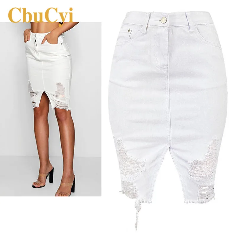 Women Skirts High Waist Skinny Hole Ripped Denim Skirts Womens Sexy Tassels Mini Bodycon Skirt Women Cotton Denim Pencil Skirts