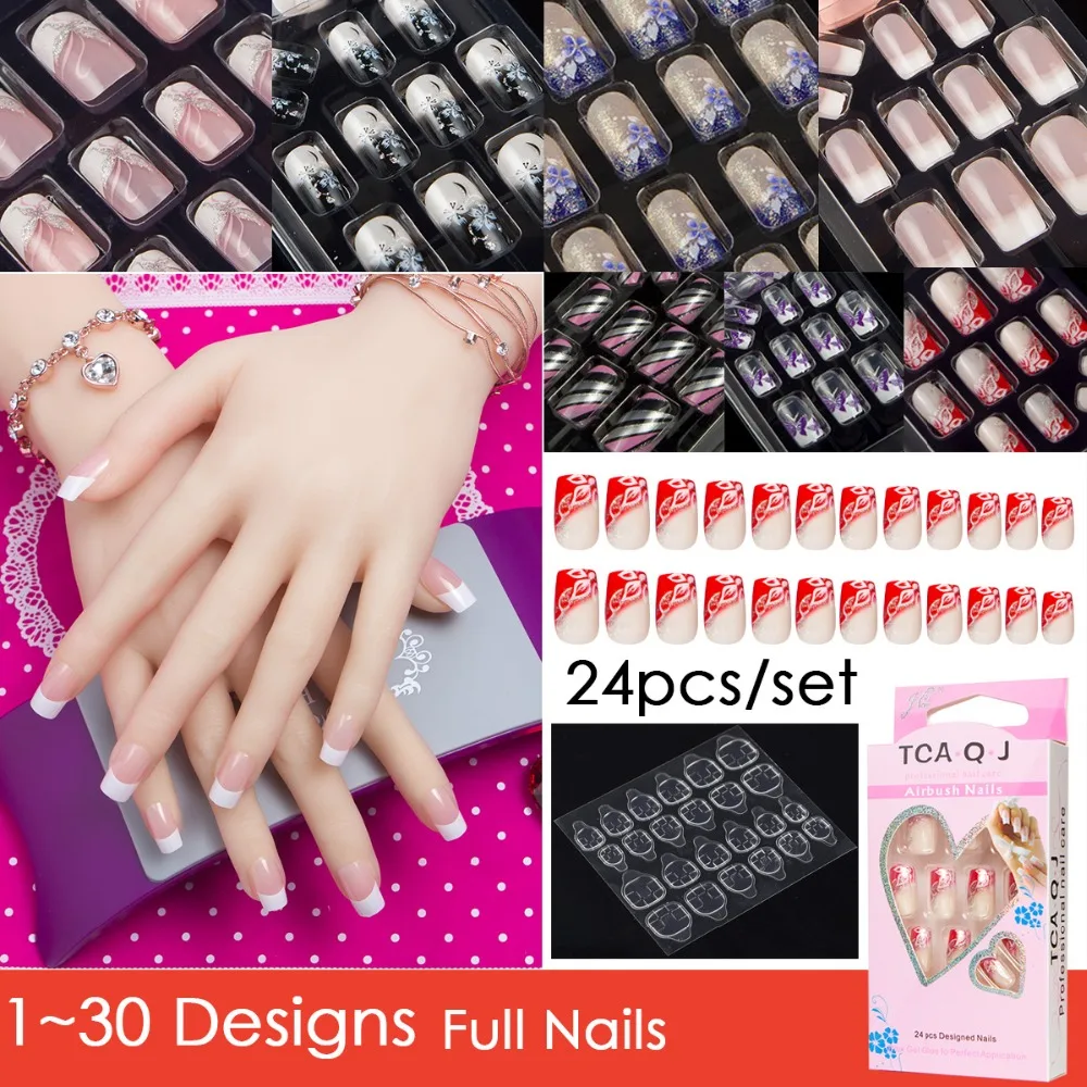 

JQ Models 1~30 One Set Of 24pcs Full Nails With Glue Tabs Fake Nails Designs Artificial Nails Wedding Faux Ongles Nep Nagels