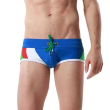 Купальники Боксеры мужские плавки Брюки тонкий Гей дышащий пэчворк Drawstring синий Пляж Лето пикантный купальник-бикини