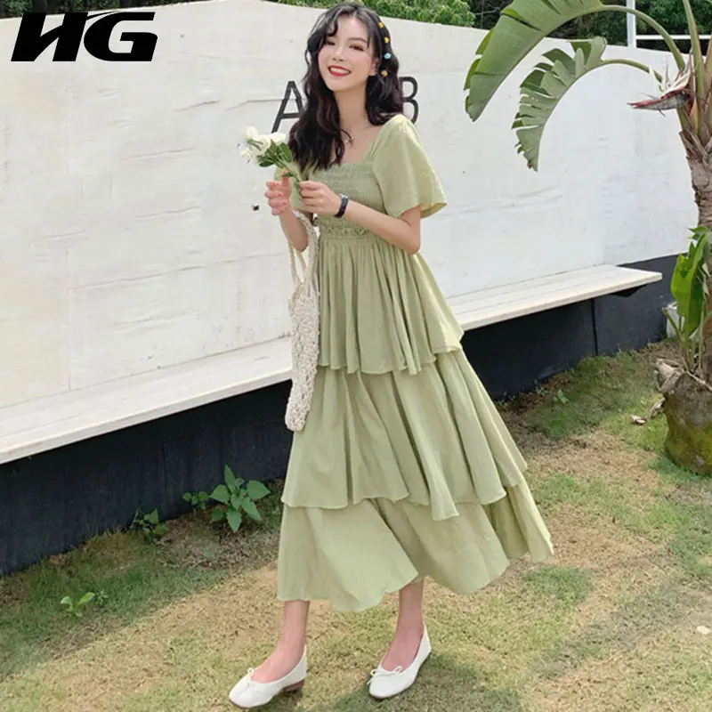 

[HG] 2019 Summer Korea Fashion New Square Collar Three Quarter Sleeve Loose Ruffles Solid Color Pleated Mid-calf Dress ZQ1472