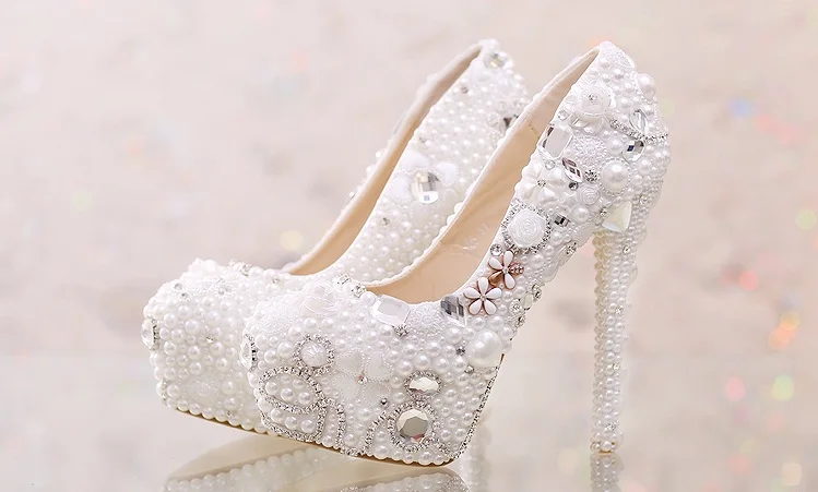 13_Pearl Diamond White Bridal Wedding Shoes Red Platform Super High Heels Woman Elegant Free Shipping Size 40
