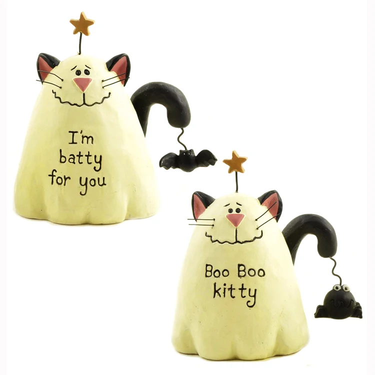 

Set of 2 Boo Boo Batty and Kitty Cream Ghost Cats Figurine with Black Evil Birds Fairy Garden Home Halloween Party Decor