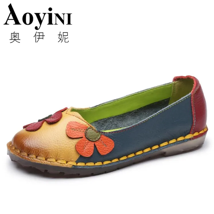 

2018 Summer Autumn Fashion Flower Design Round Toe Mix Color Flat Shoes Vintage Genuine Leather Women Flats Girl Loafer