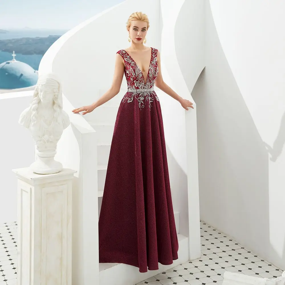 Beauty Emily Evening Dress Long 2019 V-Neck Sleeveless A-Line Floor-Length Evening Party Prom Dress Formal Gowns