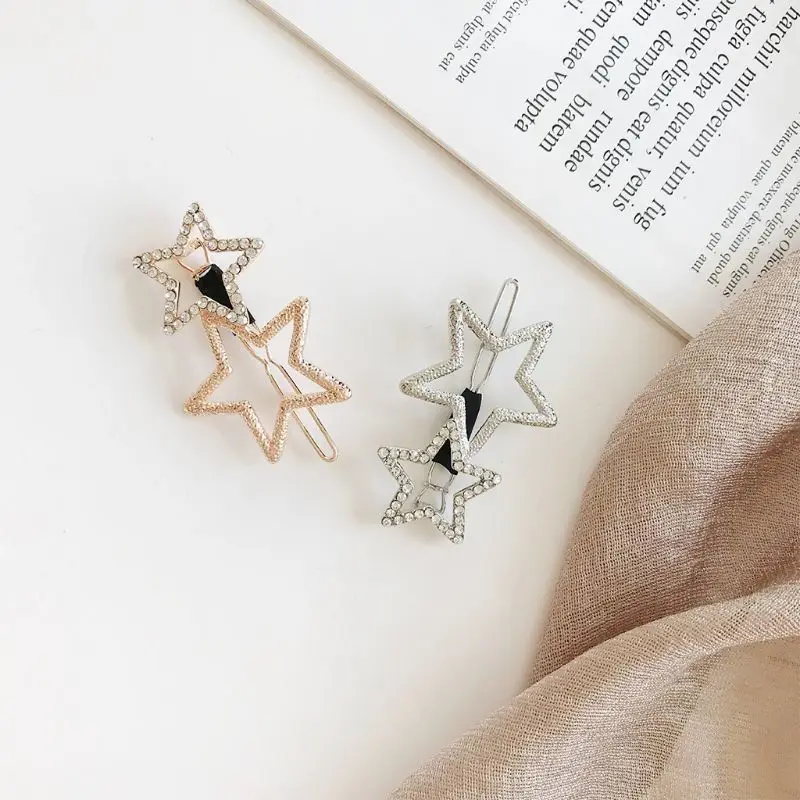 Creative Women Metal Alloy Hair Clips Hollow Out Five-Pointed Stars Sweet Girls Hairgrips Glitter Rhinestone Electroplating Text Creative Women Metal Alloy Hair Clips Hollow Out Five-Pointed Stars Sweet Girls Hairgrips Glitter Rhinestone Electroplating Text