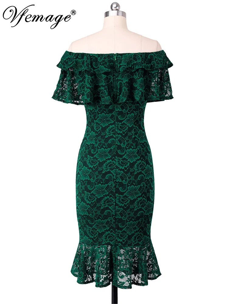 Vfemage женское сексуальное многослойное гофрированное платье с открытыми плечами из кареточной ткани с кружевной баской по подолу тонкое облегающее платье-карандаш Русалка рыбий хвост миди 2352