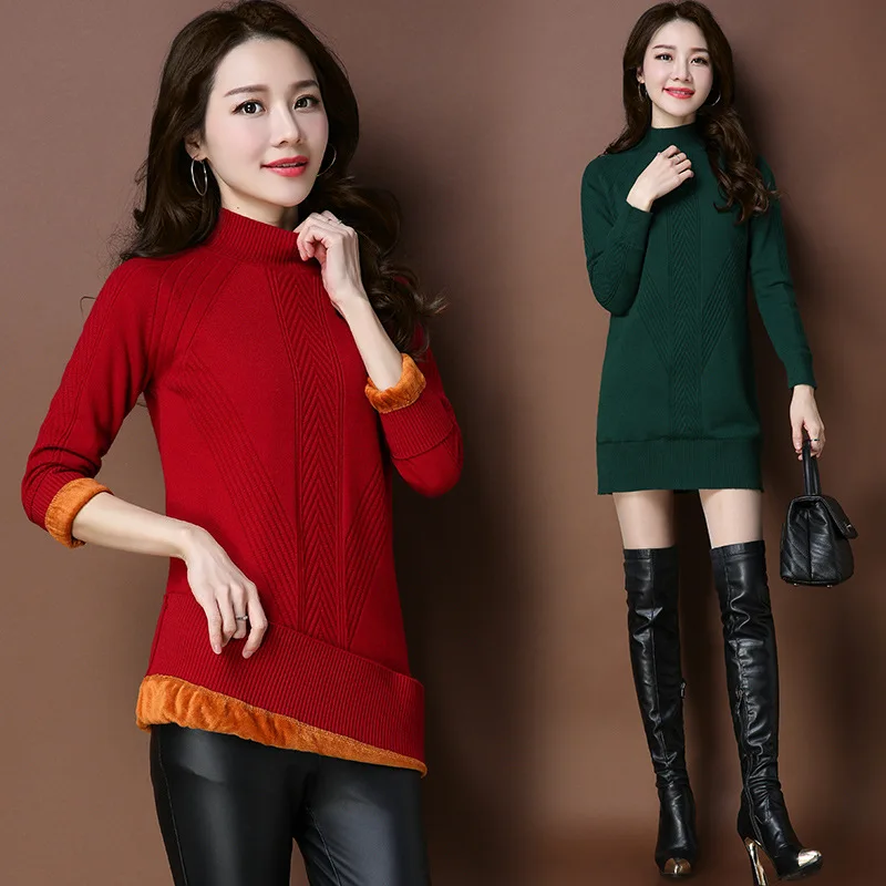 Women Winter High Street Fashion Loose Turtleneck Long Sleeve Thick Warm Fleece Knitted Sweater Dress Female Pullover | Женская одежда