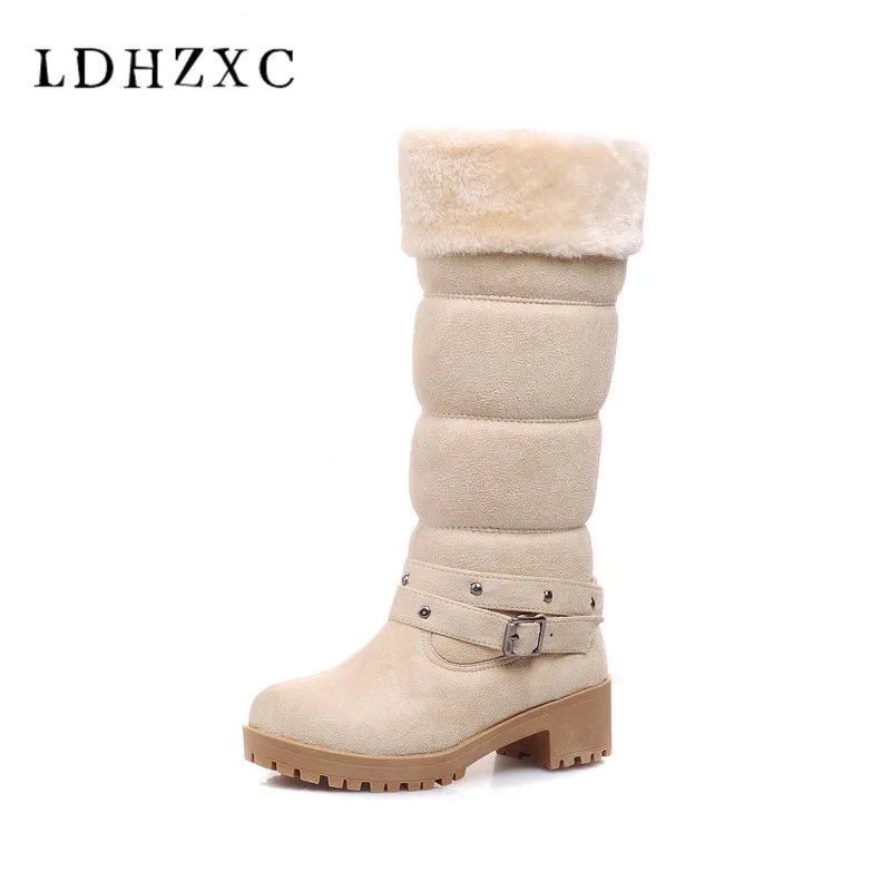 

LDHZXC 2019 new Fahion Women Knee square High heel Snow Boots Slip on Wedges Heel Round Toe Women Shoes Winter Women Snow Boots