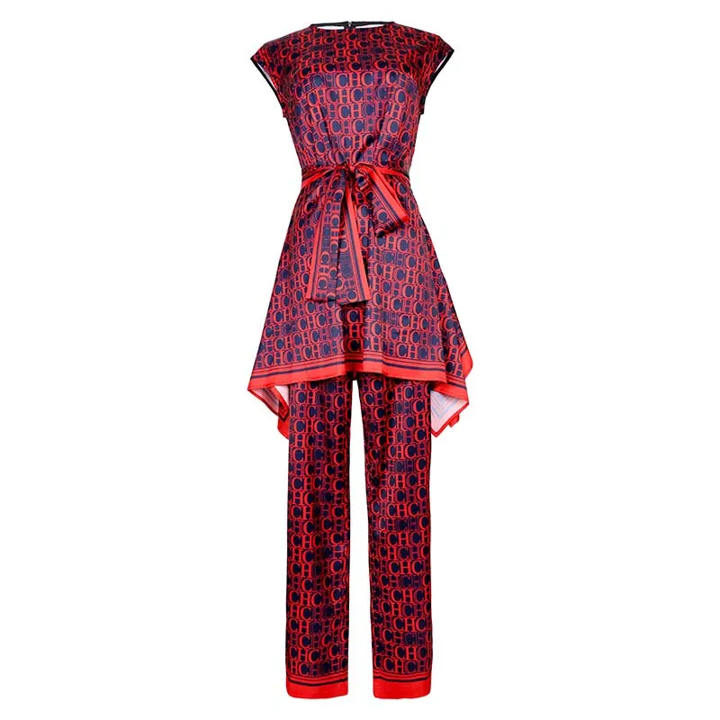 VERDEJULIAY/Модный комплект-двойка с буквенным принтом; коллекция года; летний модный длинный топ без рукавов с асимметричным поясом+ Роскошные брюки полной длины; костюм - Цвет: Многоцветный